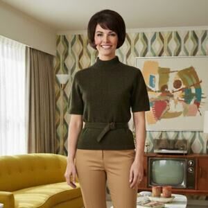 Vintage 60s Belted Tunic 100% Wool Mock Neck Sweater Women M Carol Brady Retro